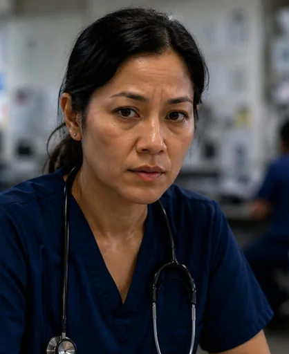 Clinician in scrubs, steady and composed