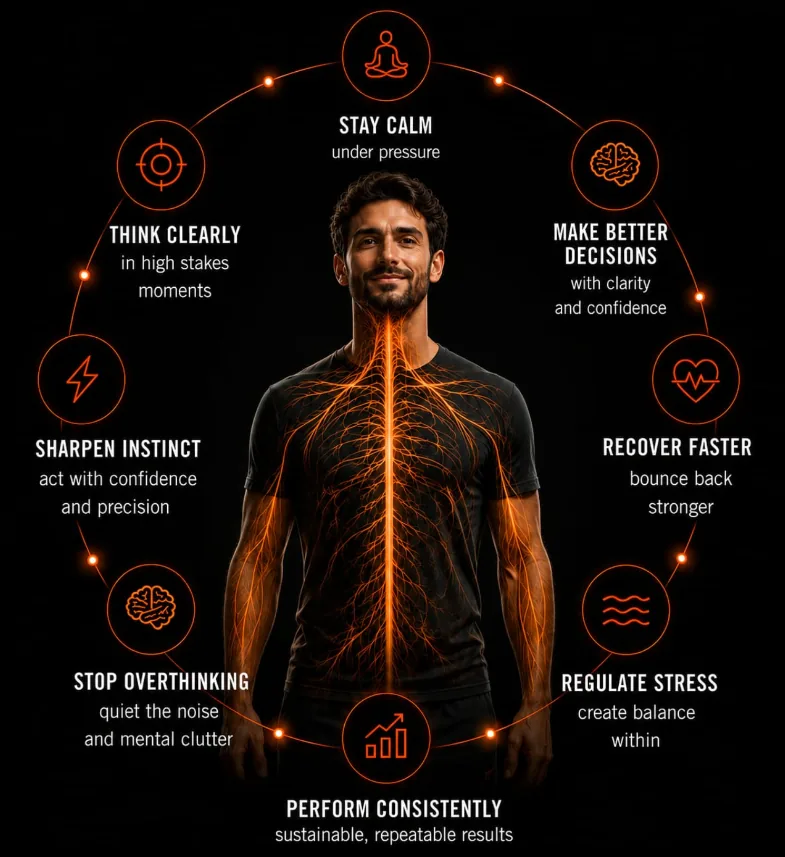 Athlete with illuminated nervous system inside a ring of eight labelled performance outcomes: stay calm, make better decisions, recover faster, regulate stress, perform consistently, stop overthinking, sharpen instinct, think clearly